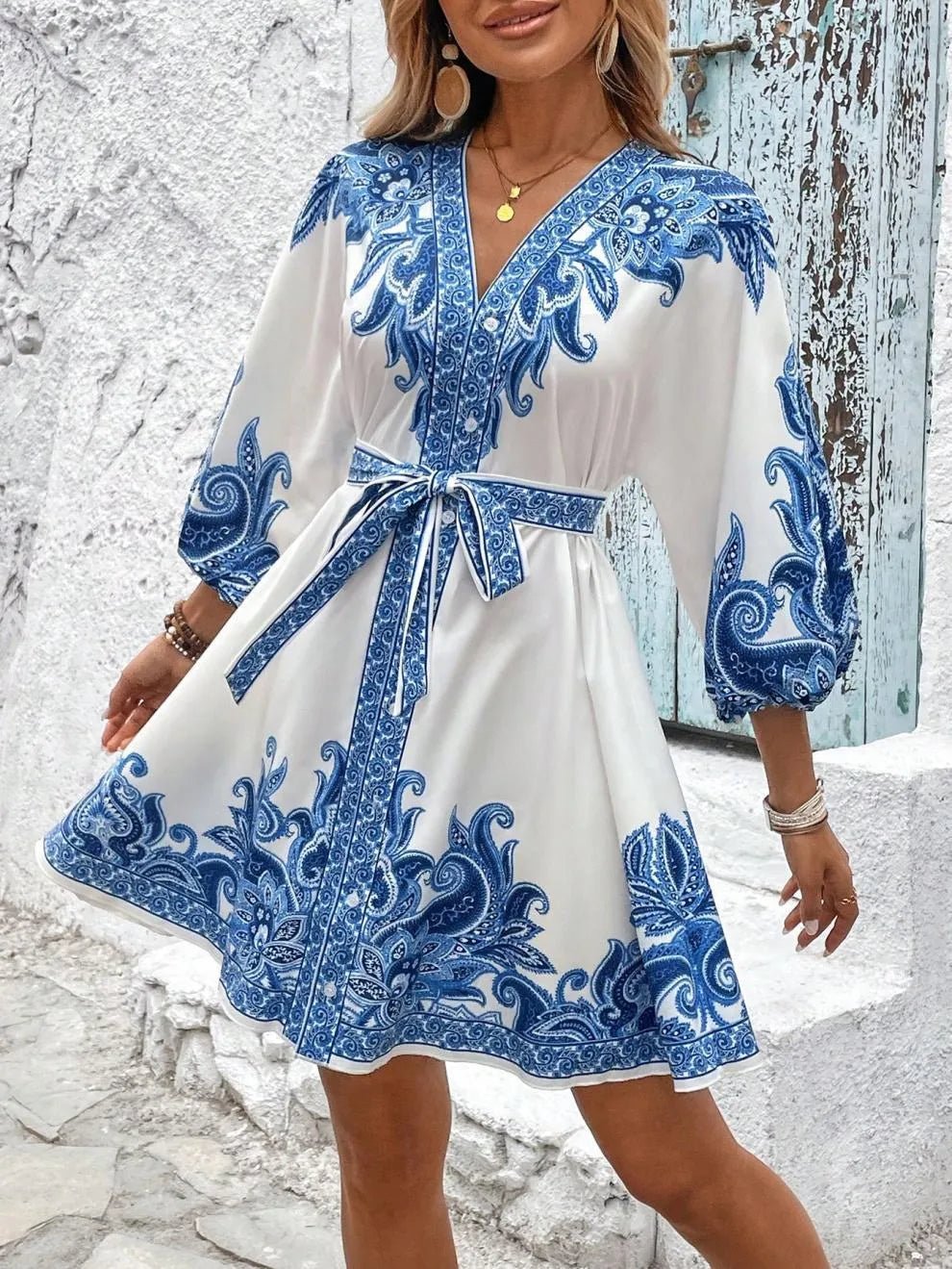 Paisley V-Neck 3/4 Sleeve Mini Dress - adritiX