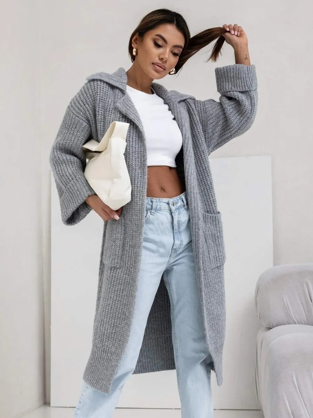 Pocketed Collared Neck Dropped Shoulder Cardigan - adritiX