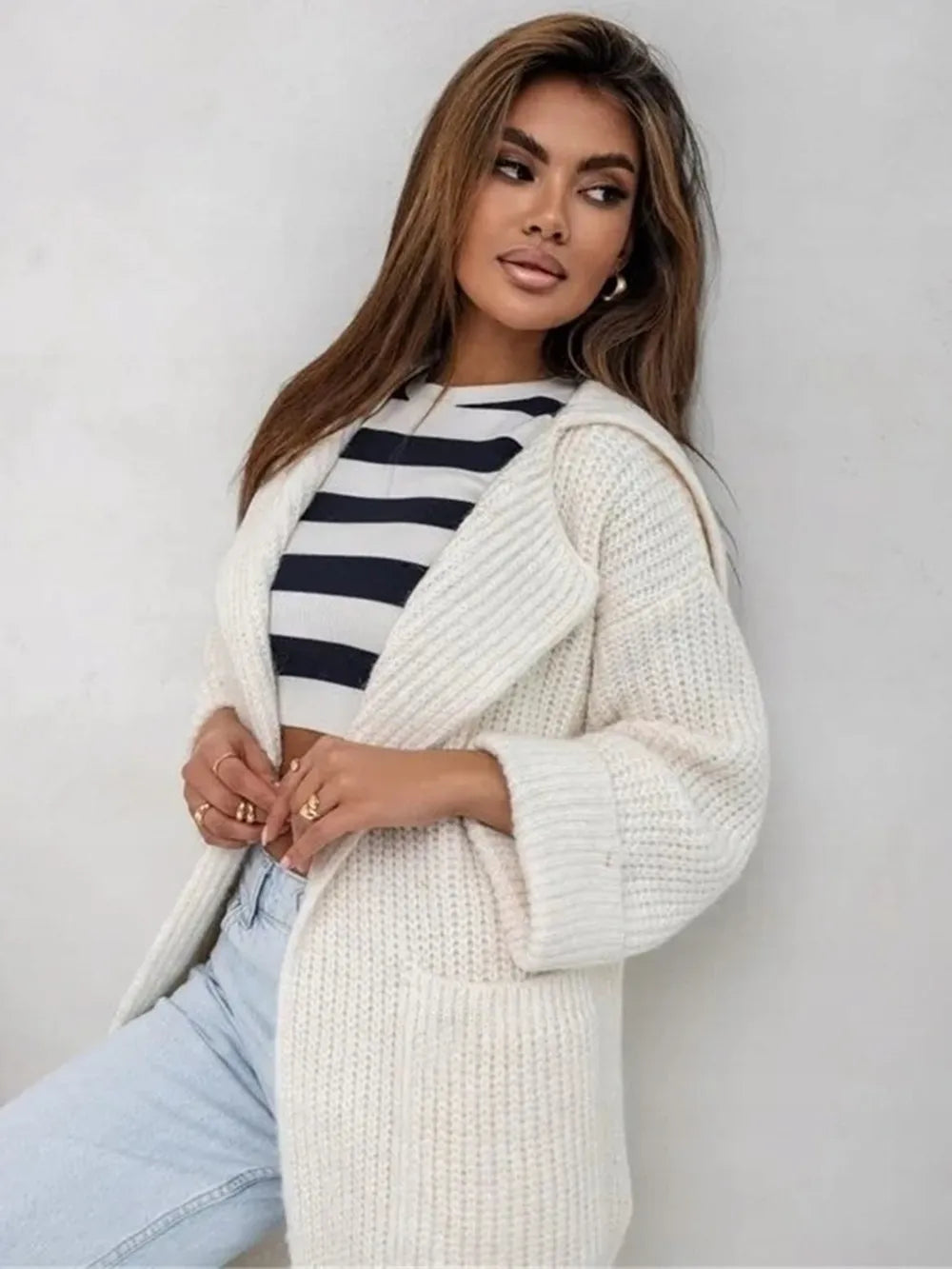 Pocketed Collared Neck Dropped Shoulder Cardigan - adritiX
