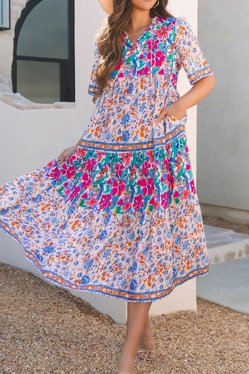 Mixed Floral Print Tie Neck Short Sleeve Dress - adritiX