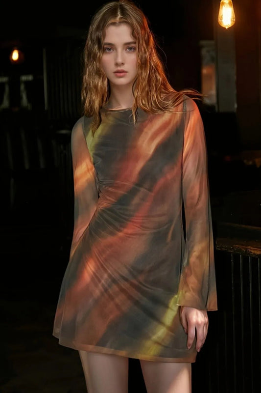 Tie Dye Print Long Sleeve Bodycon Mini Dress - adritiX