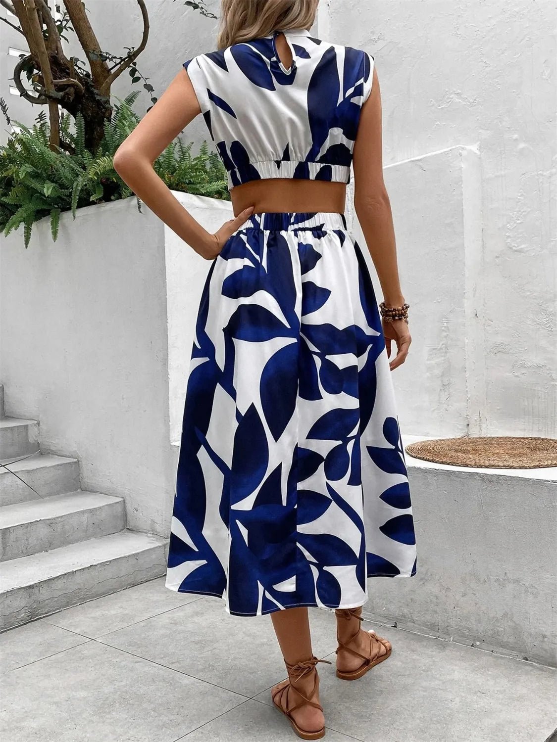 Cutout Printed Cap Sleeve Midi Dress - adritiX