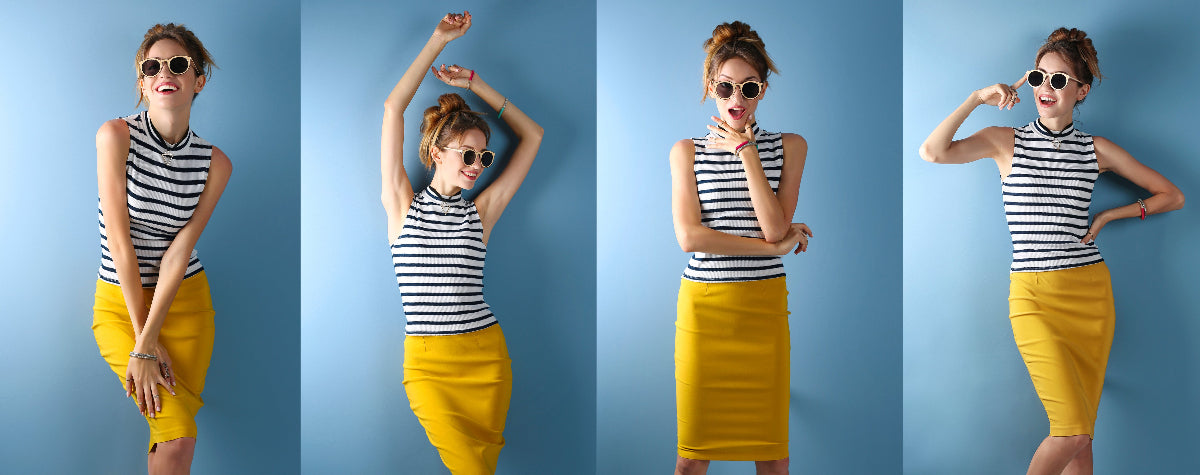 Four poses of a person wearing a striped top and yellow skirt against a blue background