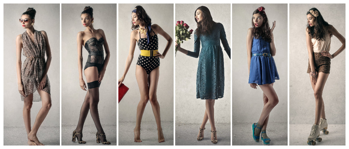 Collage of a woman modeling various outfits in different poses.