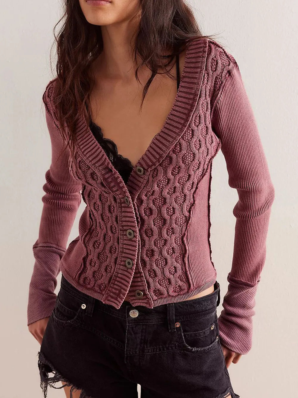 V-Neck Button Up Cropped Cardigan - adritiX