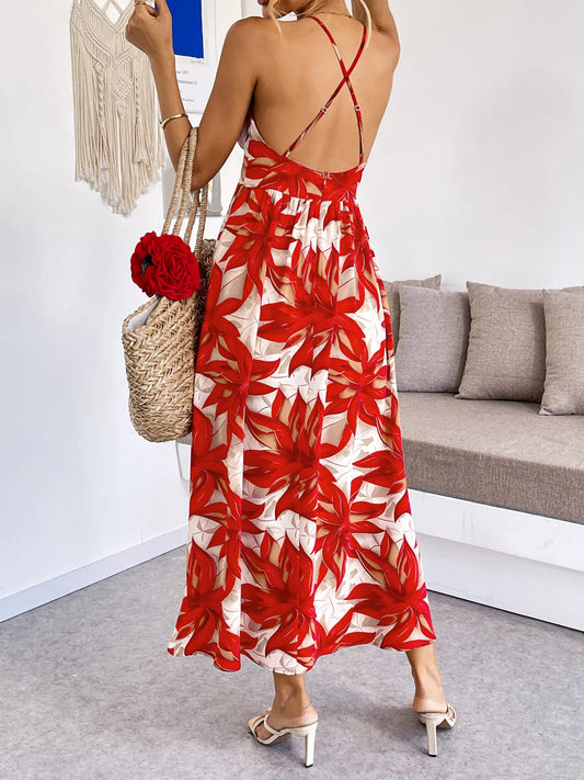 Crisscross Back Printed Midi Dress with Cutout Detail - adritiX