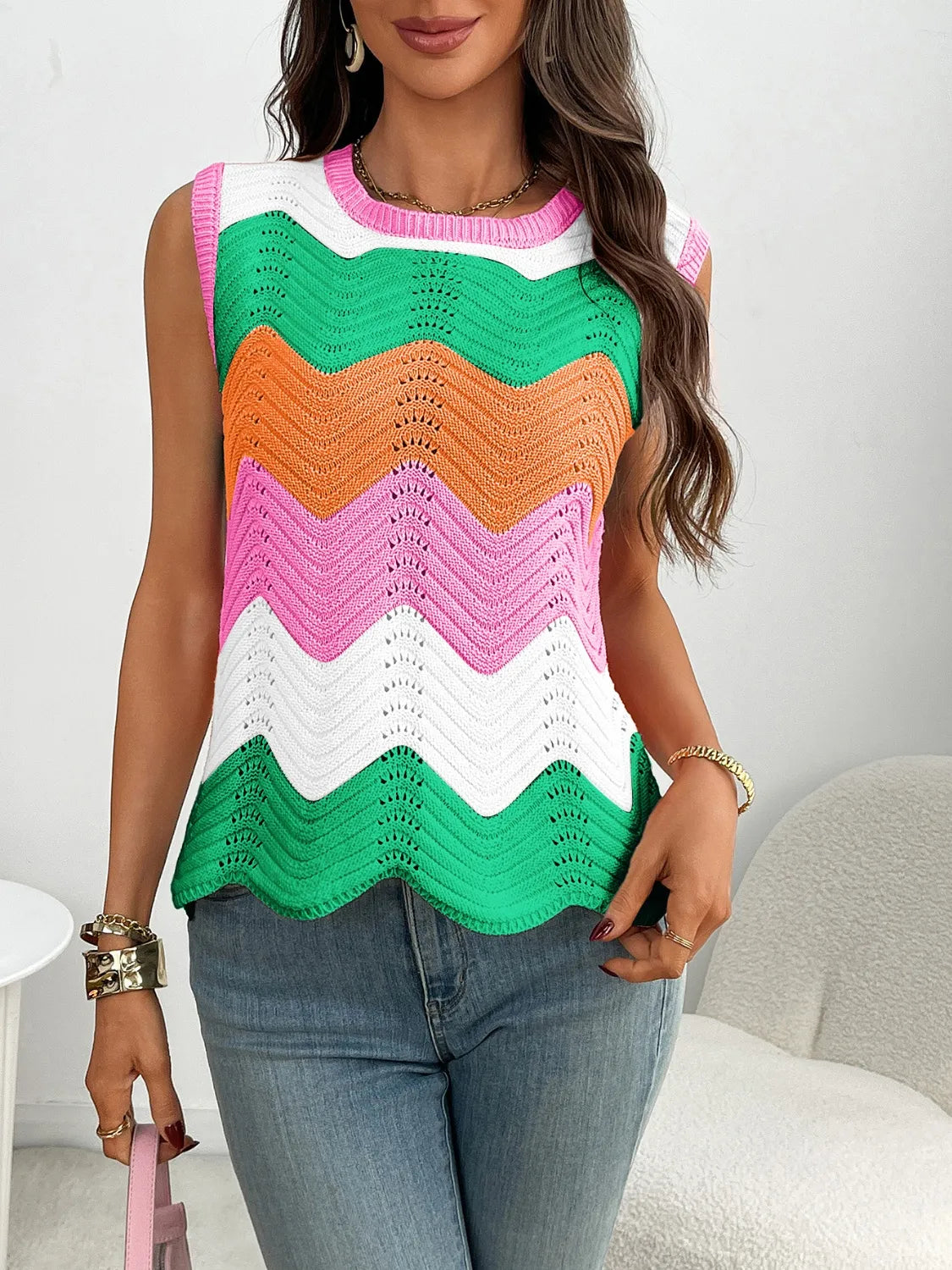 Color Block Round Neck Sweater Vest - adritiX