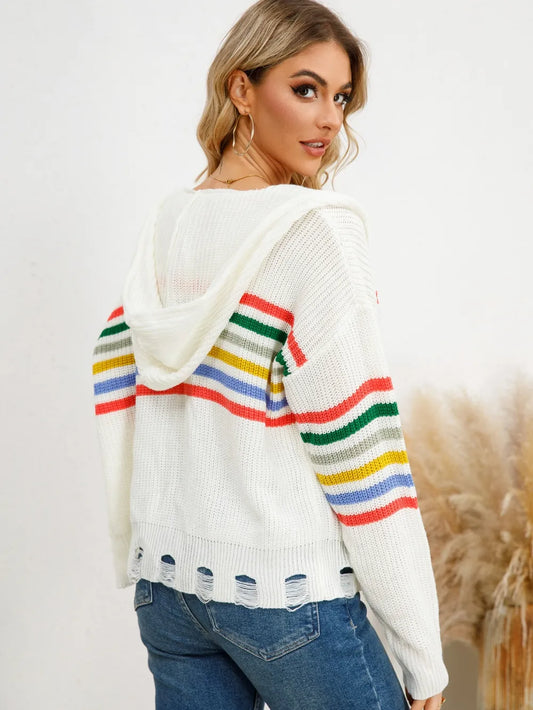 Drawstring Striped Dropped Shoulder Hooded Cardigan - adritiX