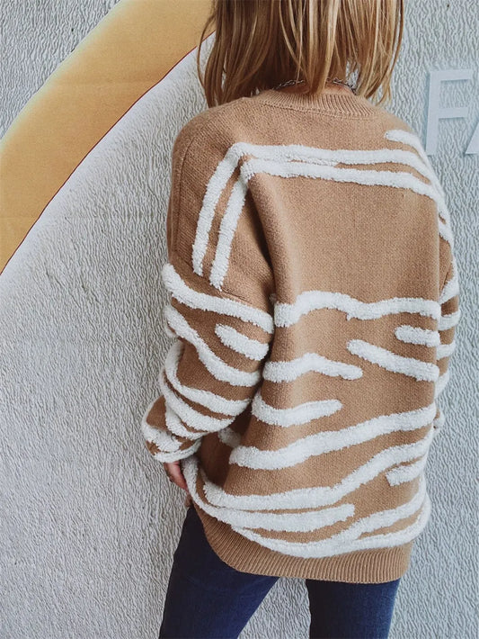 Elegant Contrast Round Neck Long Sleeve Sweater - adritiX