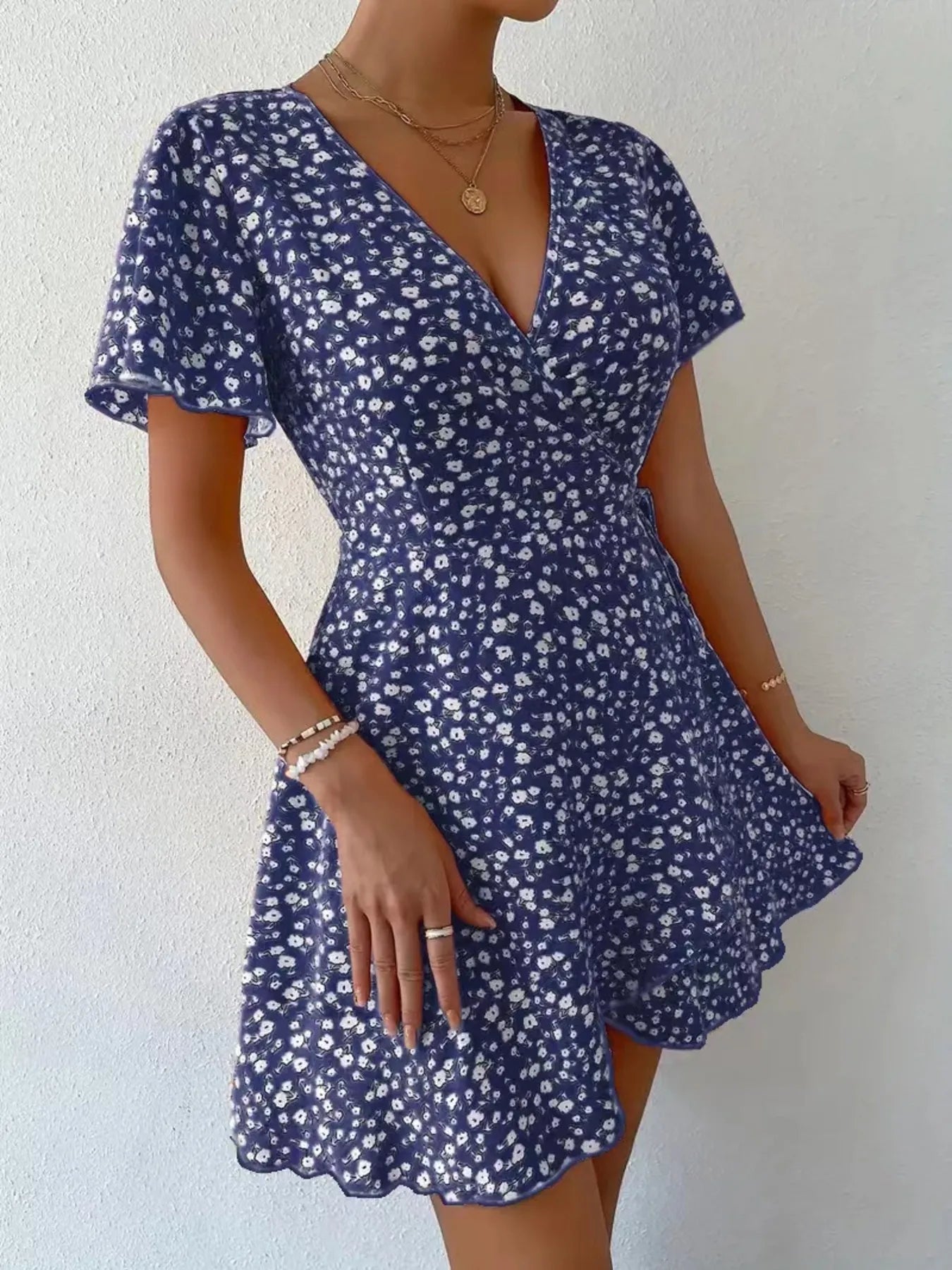 Floral Flutter Sleeve Wrap Mini Dress - adritiX