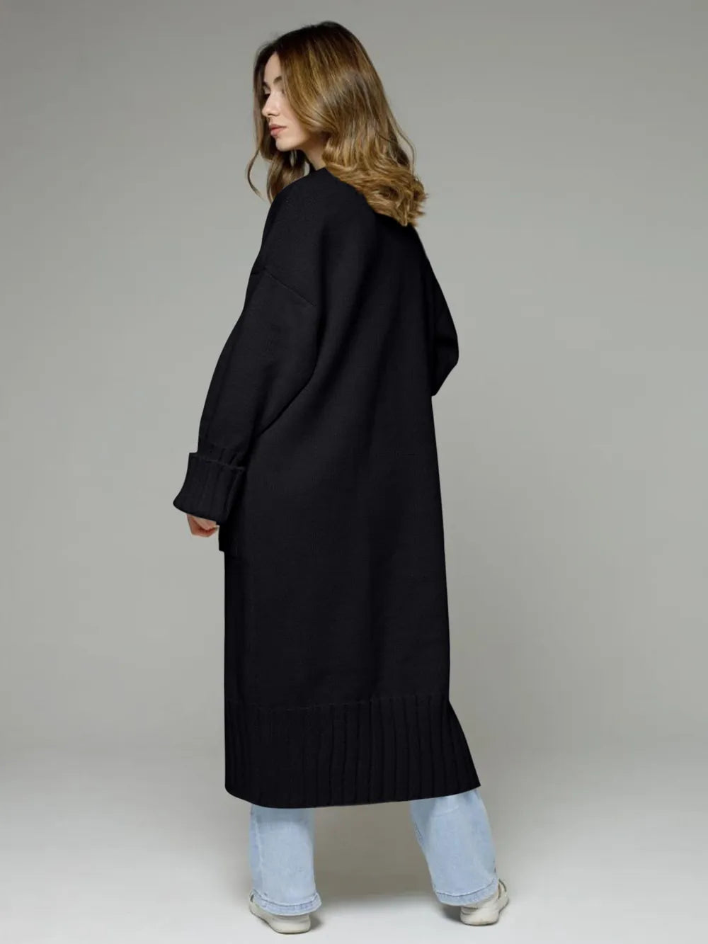 Pocketed Open Front Dropped Shoulder Cardigan - adritiX