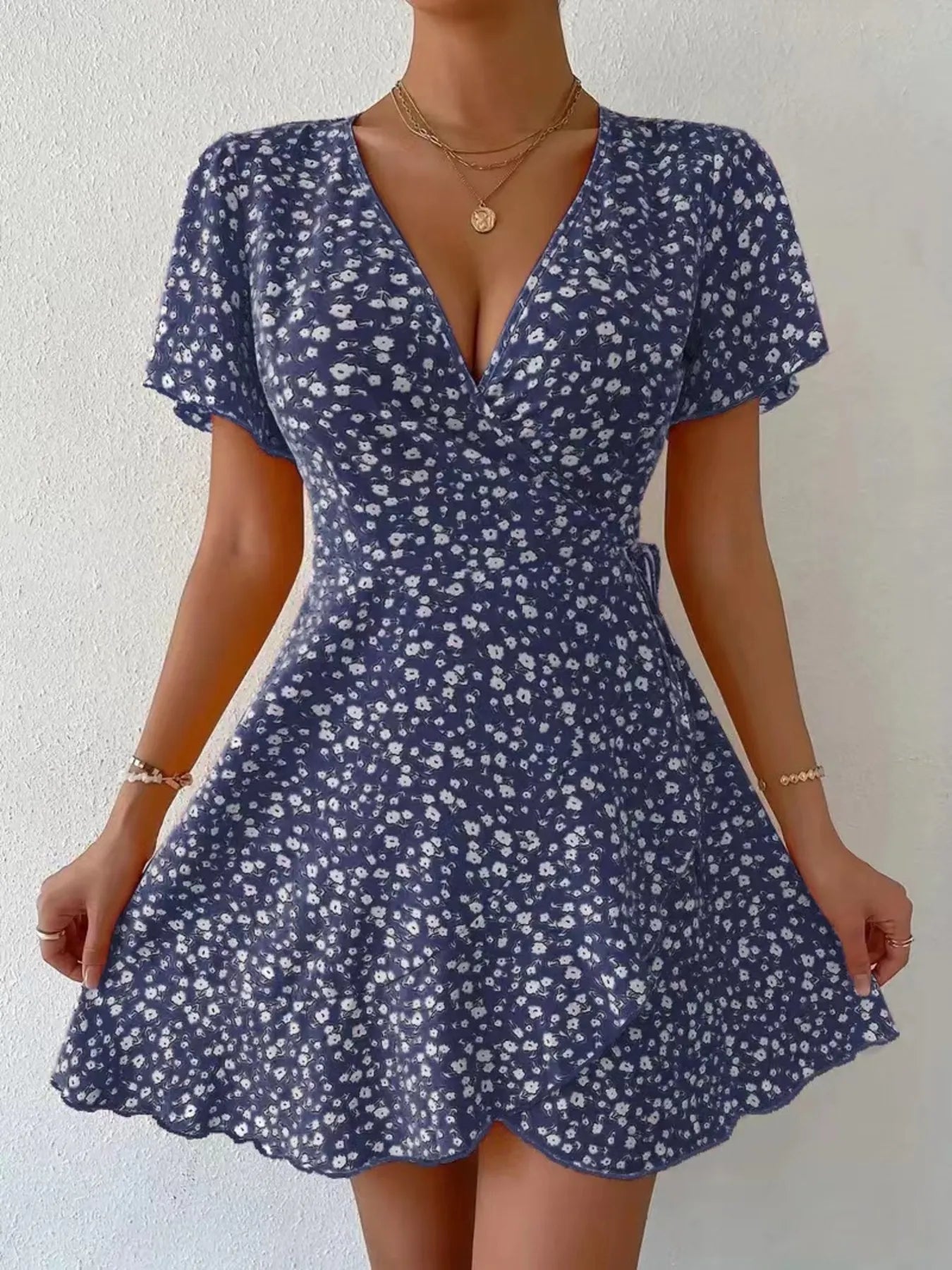 Floral Flutter Sleeve Wrap Mini Dress - adritiX