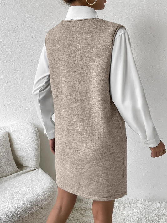 V-Neck Sleeveless Sweater Dress with Pockets - adritiX