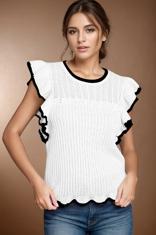 Ruffled Round Neck Cap Sleeve Knit Top - adritiX