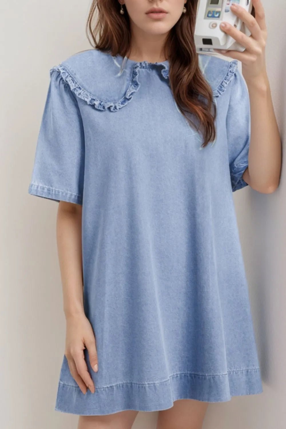 Peter Pan Collar Short Sleeve Denim Dress - adritiX