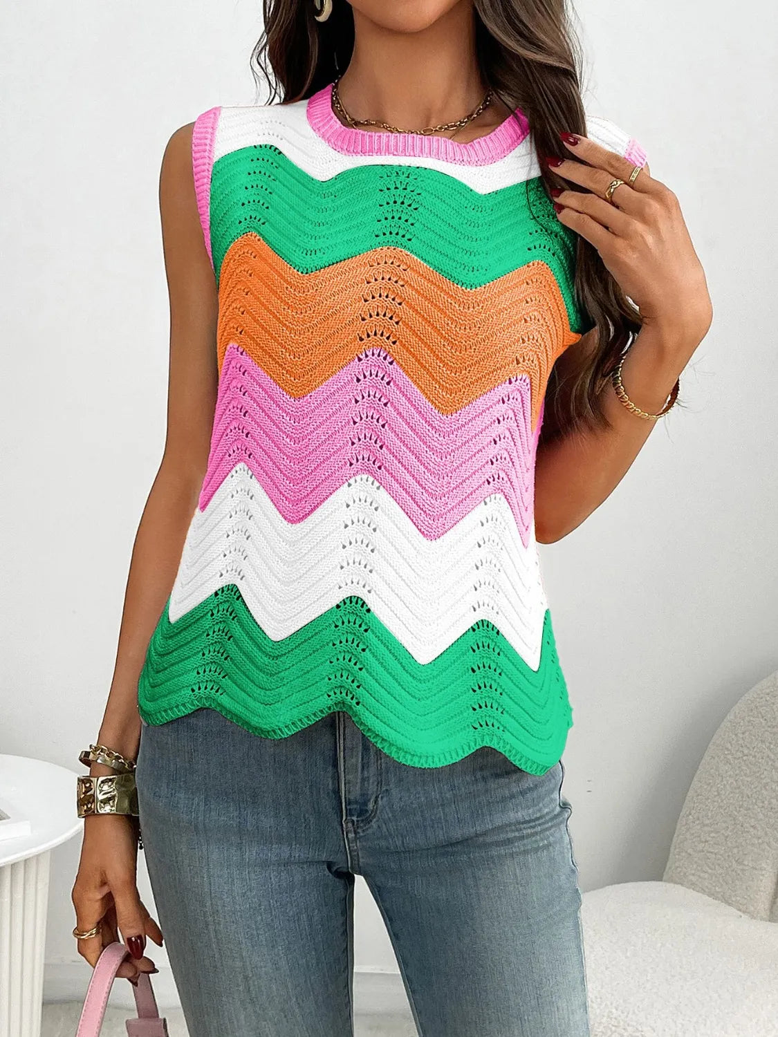 Color Block Round Neck Sweater Vest - adritiX