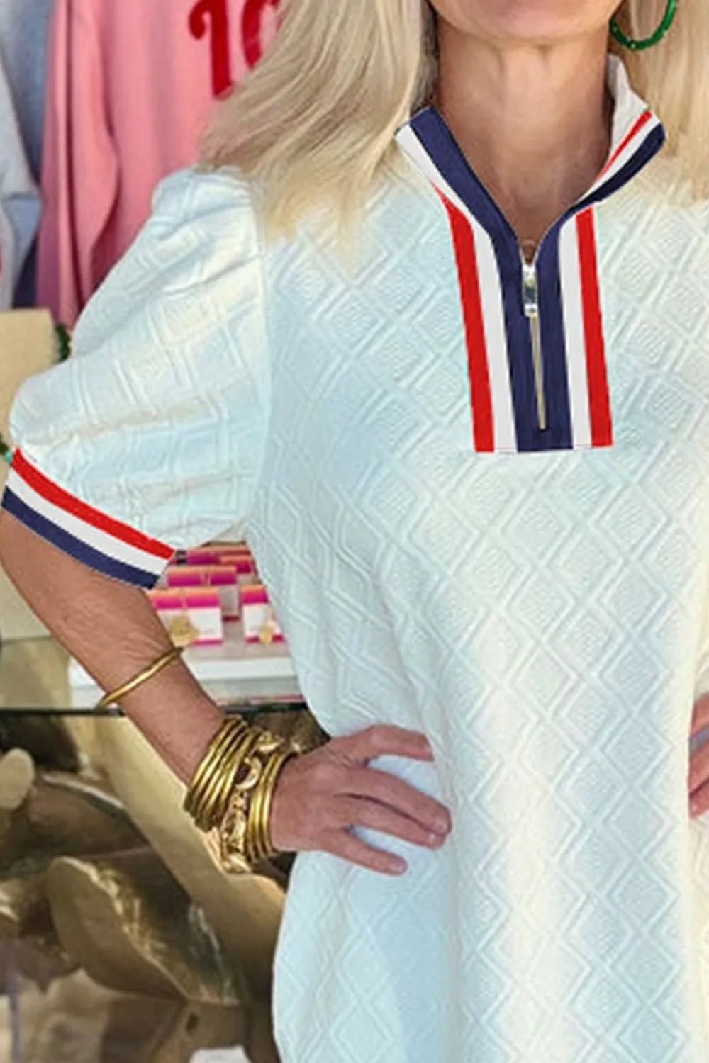 Striped Collared Zip Up Textured Dress - adritiX