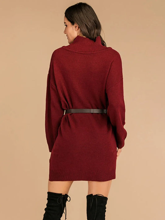 Perfee Slit Turtleneck Long Sleeve Mini Sweater Dress - adritiX