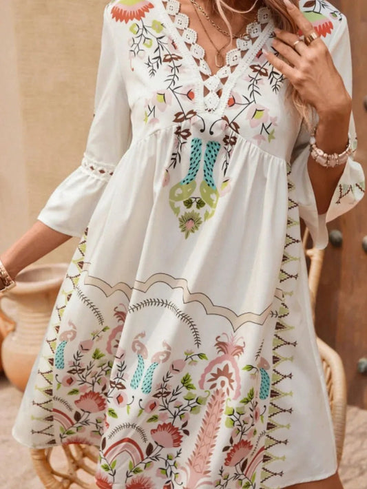Lace Detail Printed Three-Quarter Sleeve Dress - adritiX