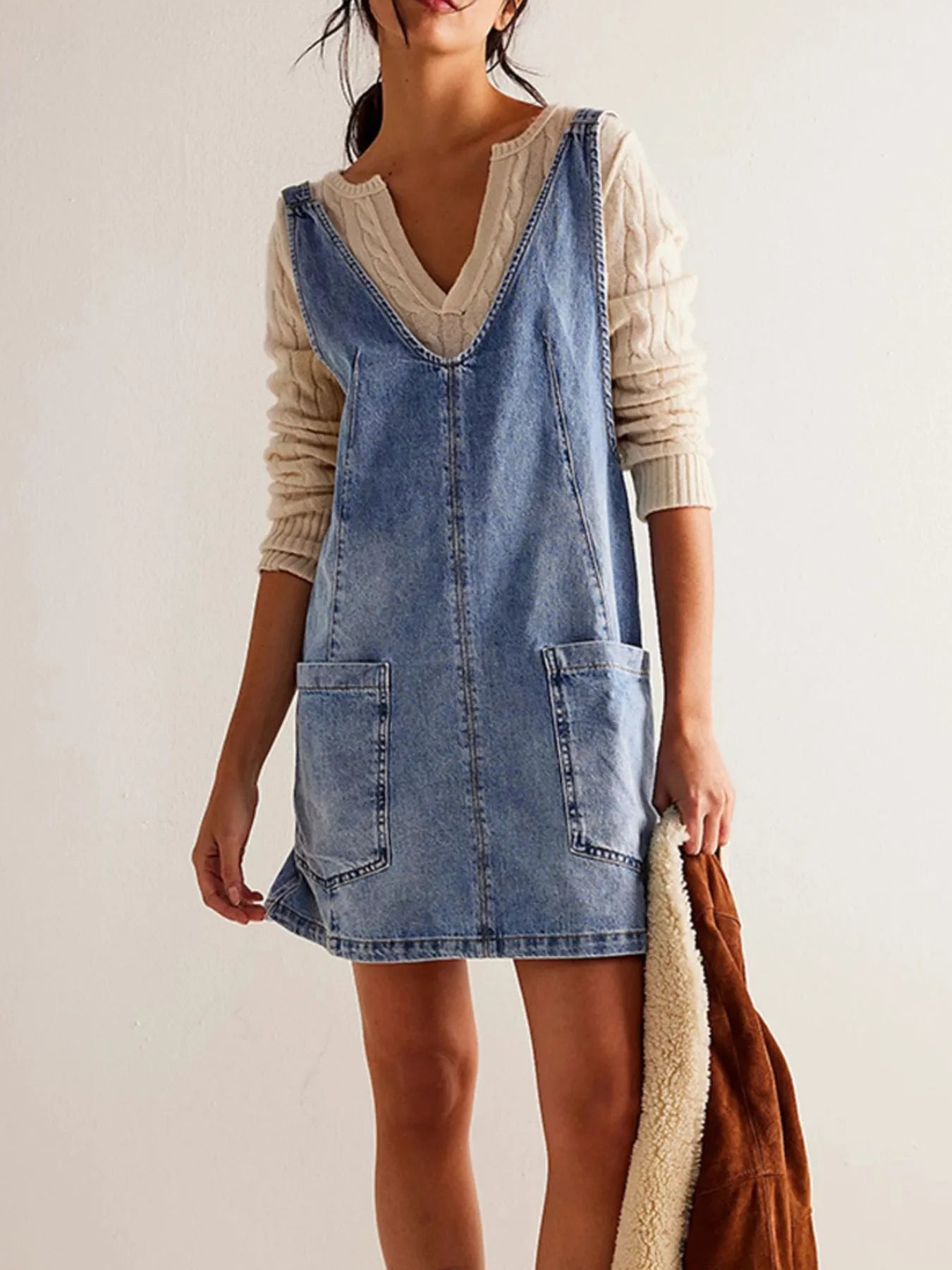 Oversized V-Neck Denim Tank Dress with Front Pockets - adritiX