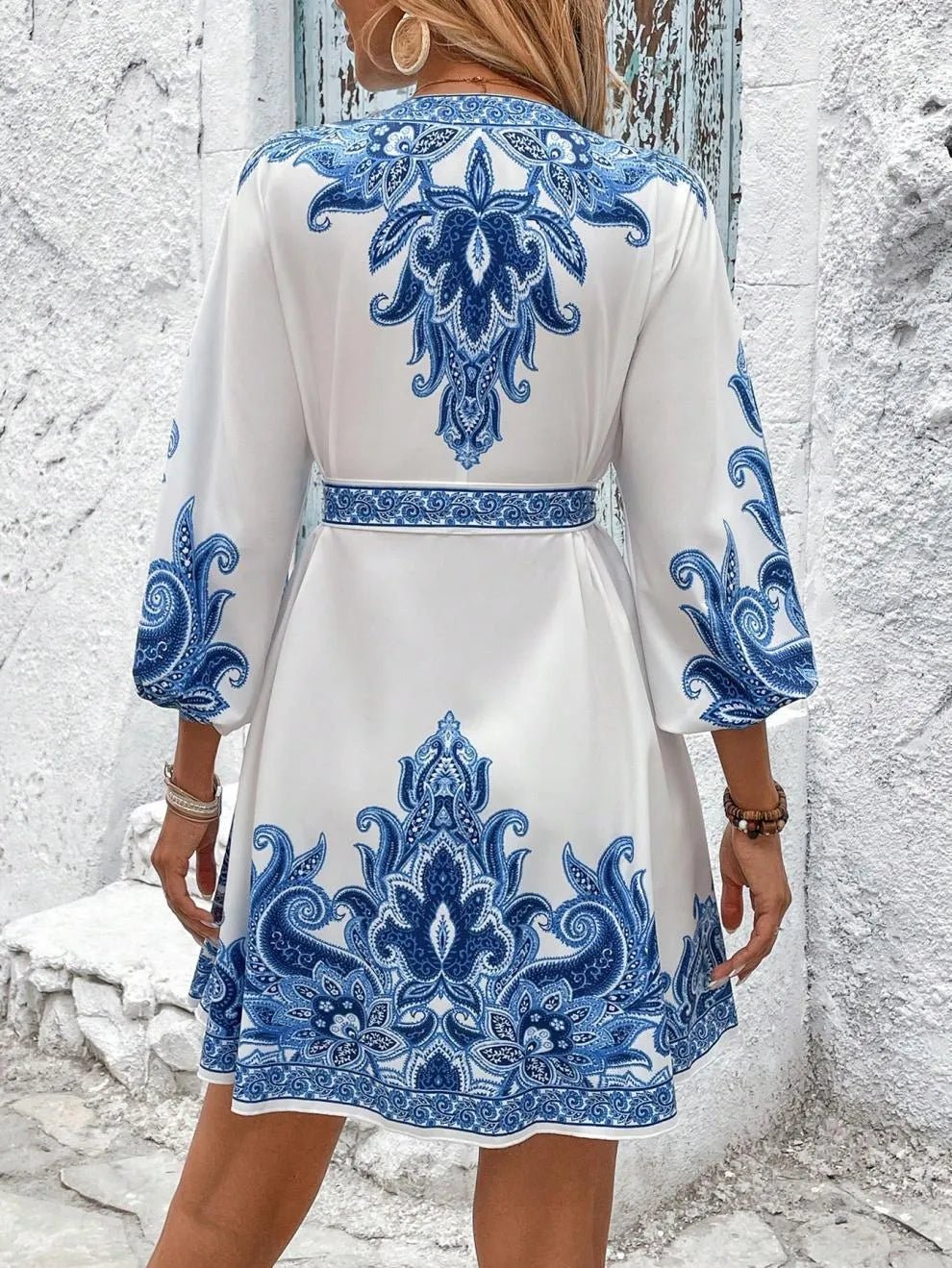 Paisley V-Neck 3/4 Sleeve Mini Dress - adritiX