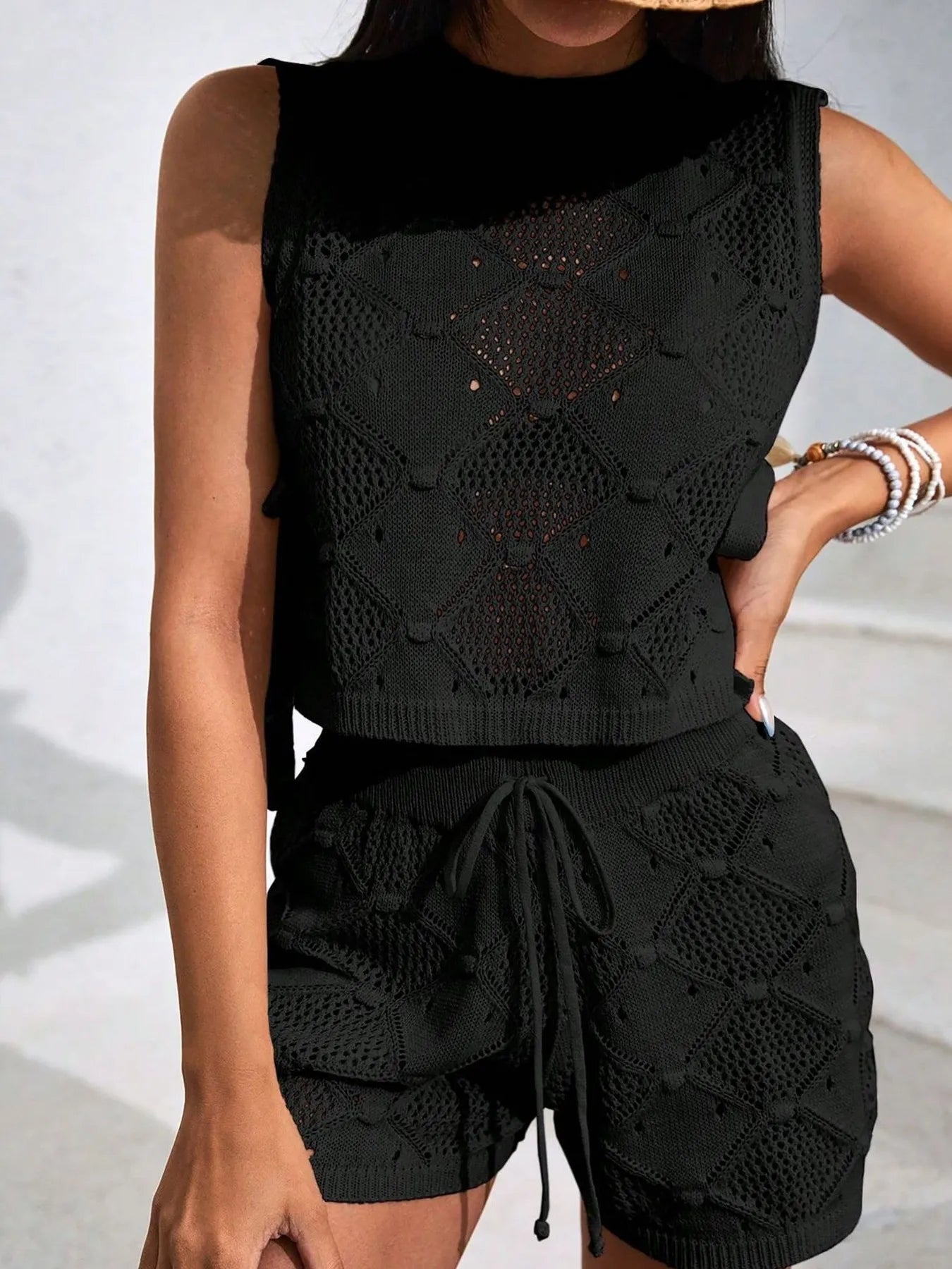 Diamond Pattern Sleeveless Top and Shorts Knit Set - adritiX