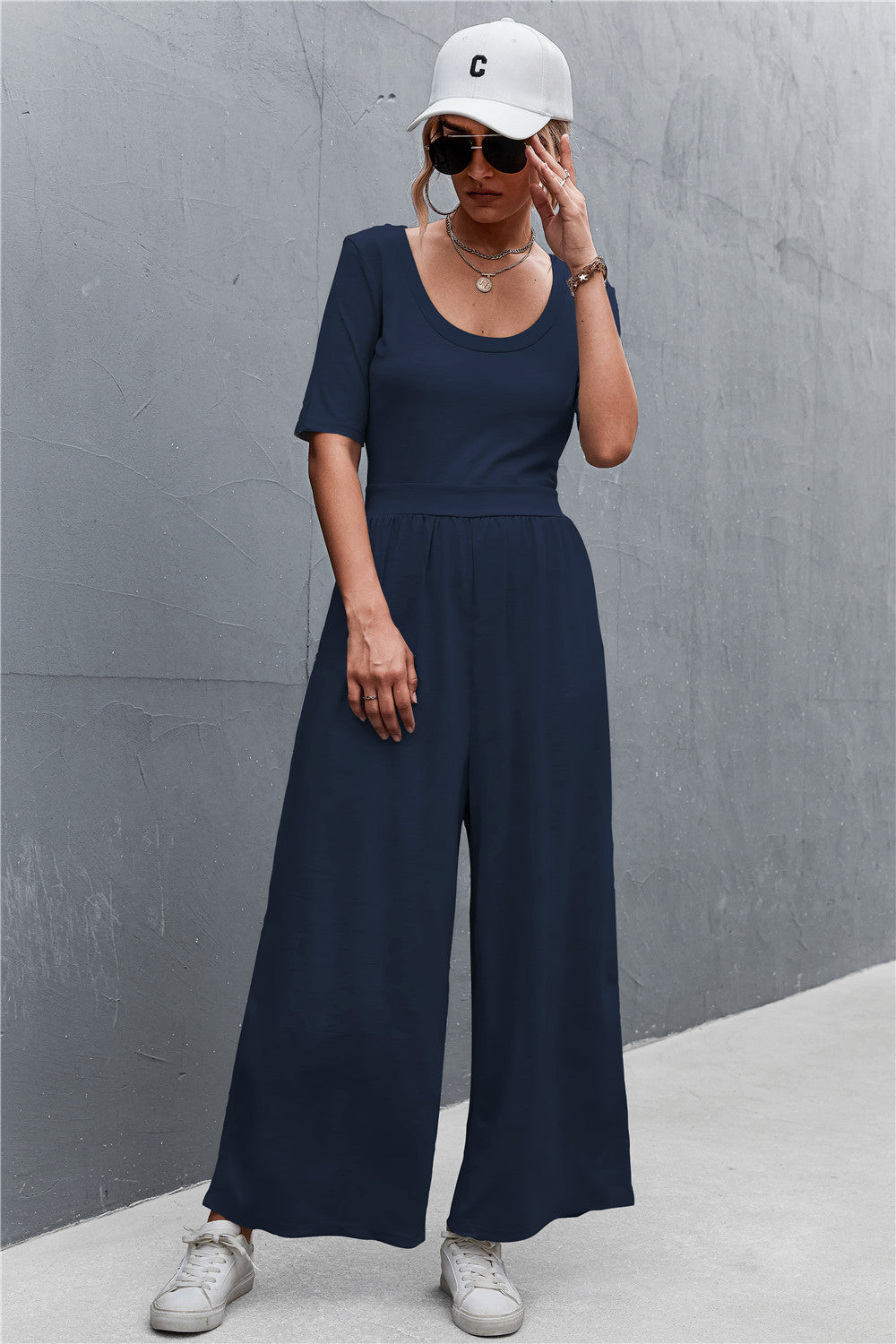 Elegant Scoop Neck Half Sleeve Wide Leg Jumpsuit - adritiX