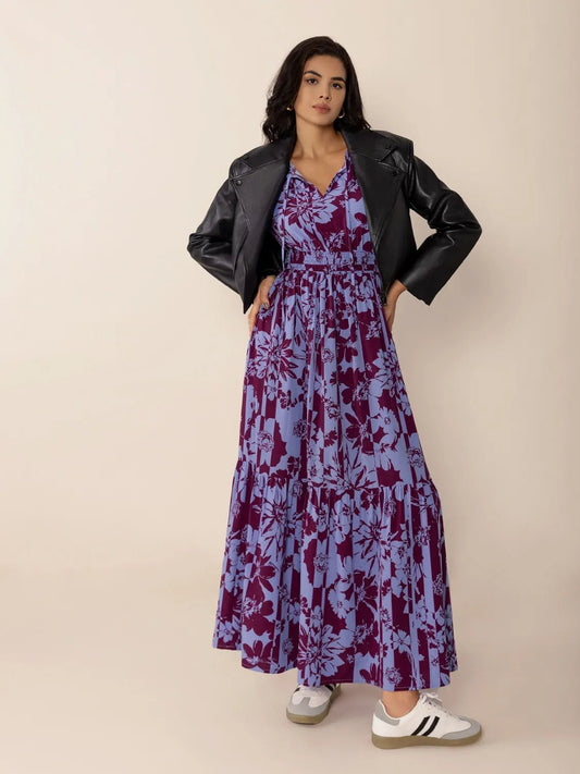 Printed Tie Neck Balloon Sleeve Maxi Dress - adritiX
