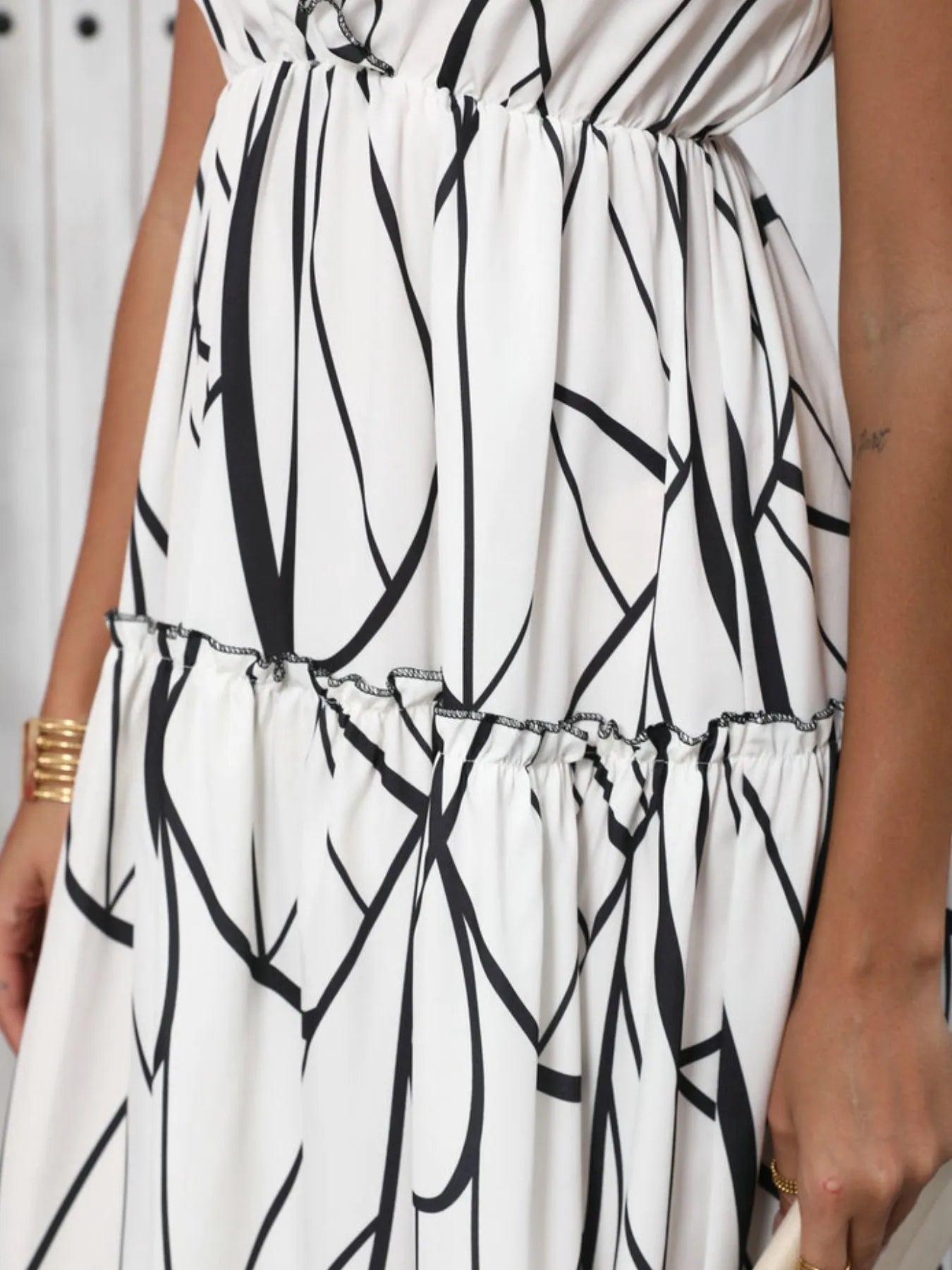 Abstract Print Ruffle Sleeve V - Neck Midi Dress - adritiX