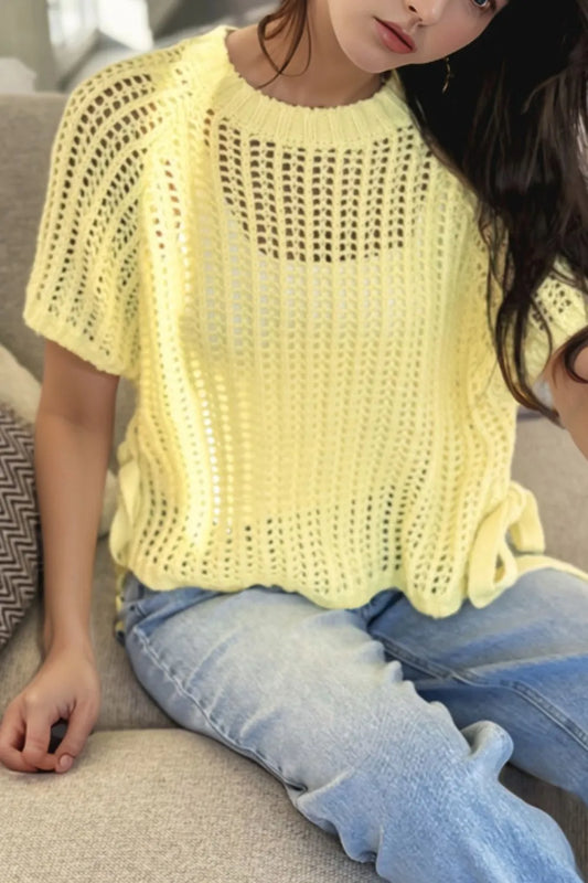 Hollow-out Crochet Side Tied Short Sleeve Knit Cover Up - adritiX