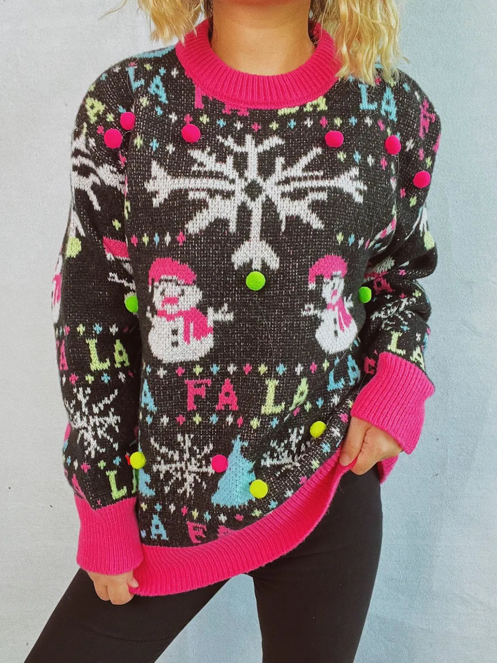 Elegant Snowman Contrast Trim Round Neck Sweater - adritiX