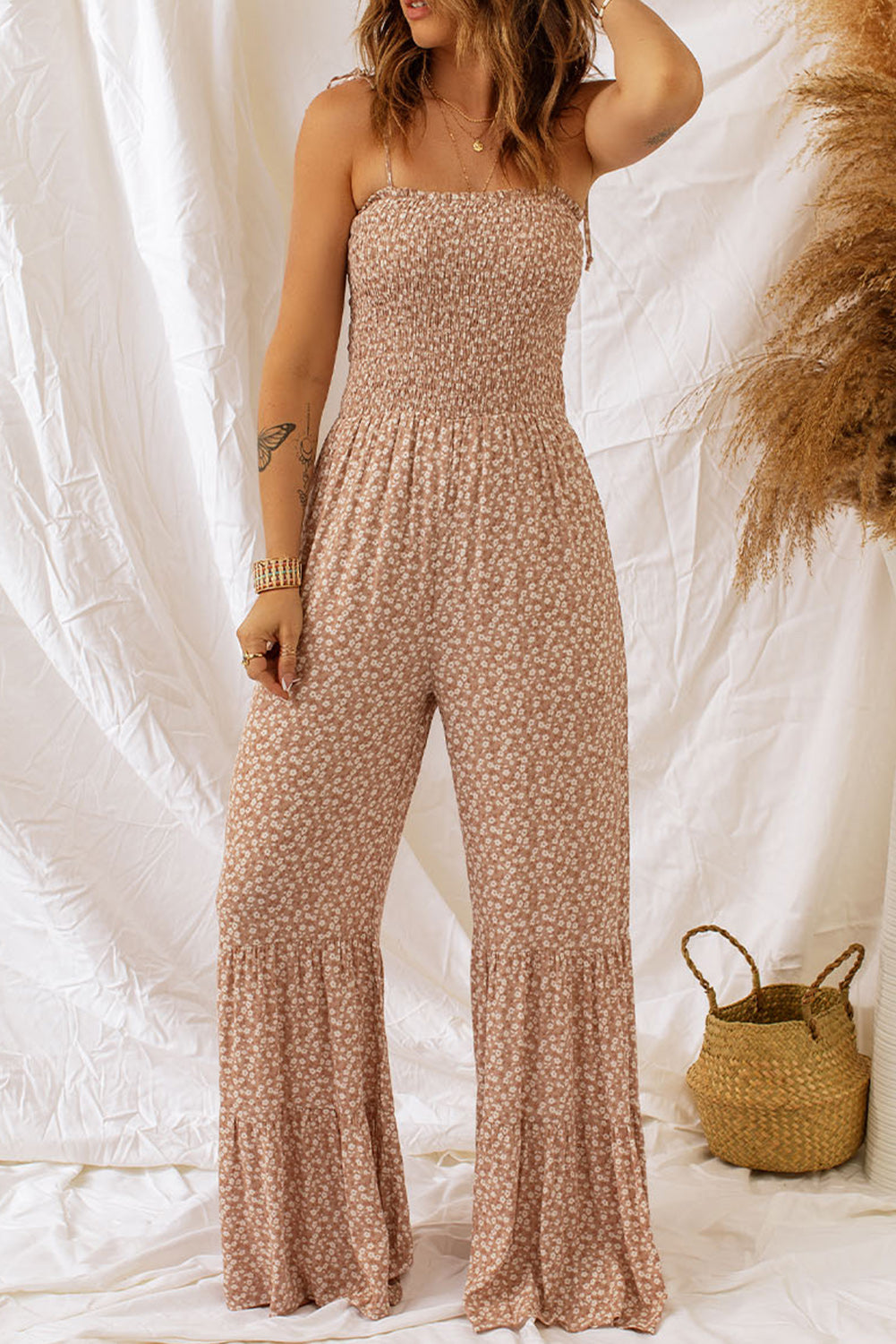 Elegant Floral Spaghetti Strap Smocked Wide Leg Jumpsuit - adritiX