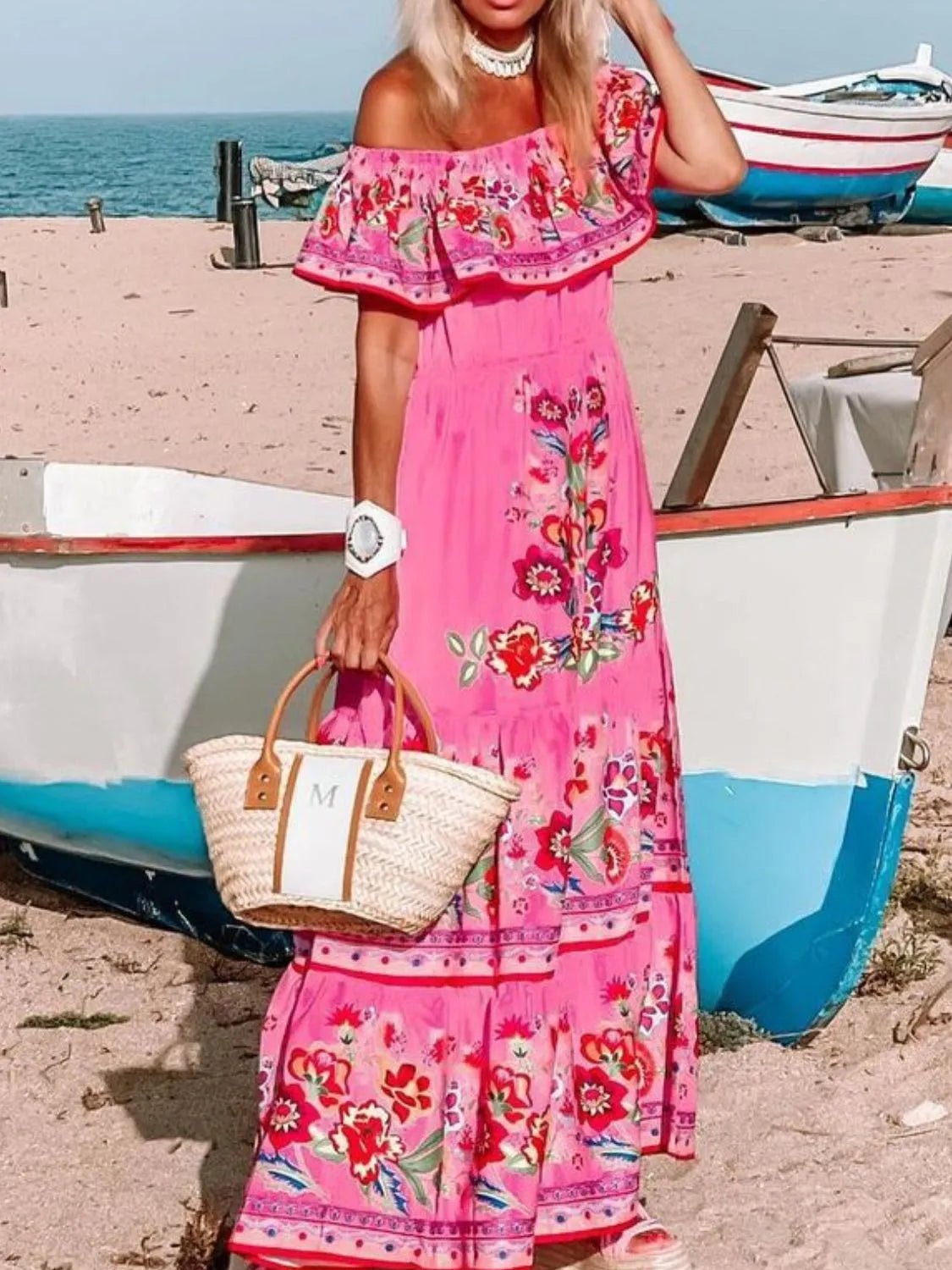 Floral Off Shoulder Ruffle Maxi Dress - adritiX
