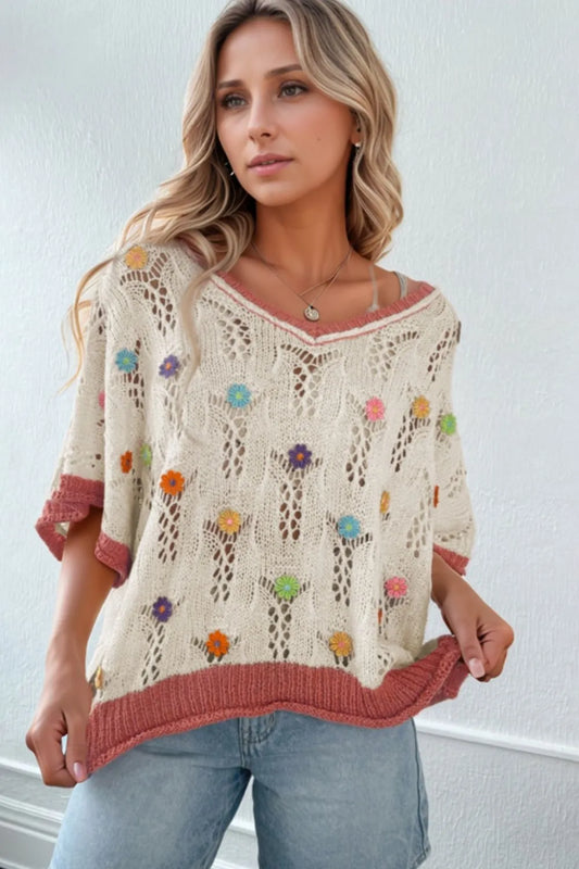 Openwork Flower Half Sleeve Knit Top - adritiX