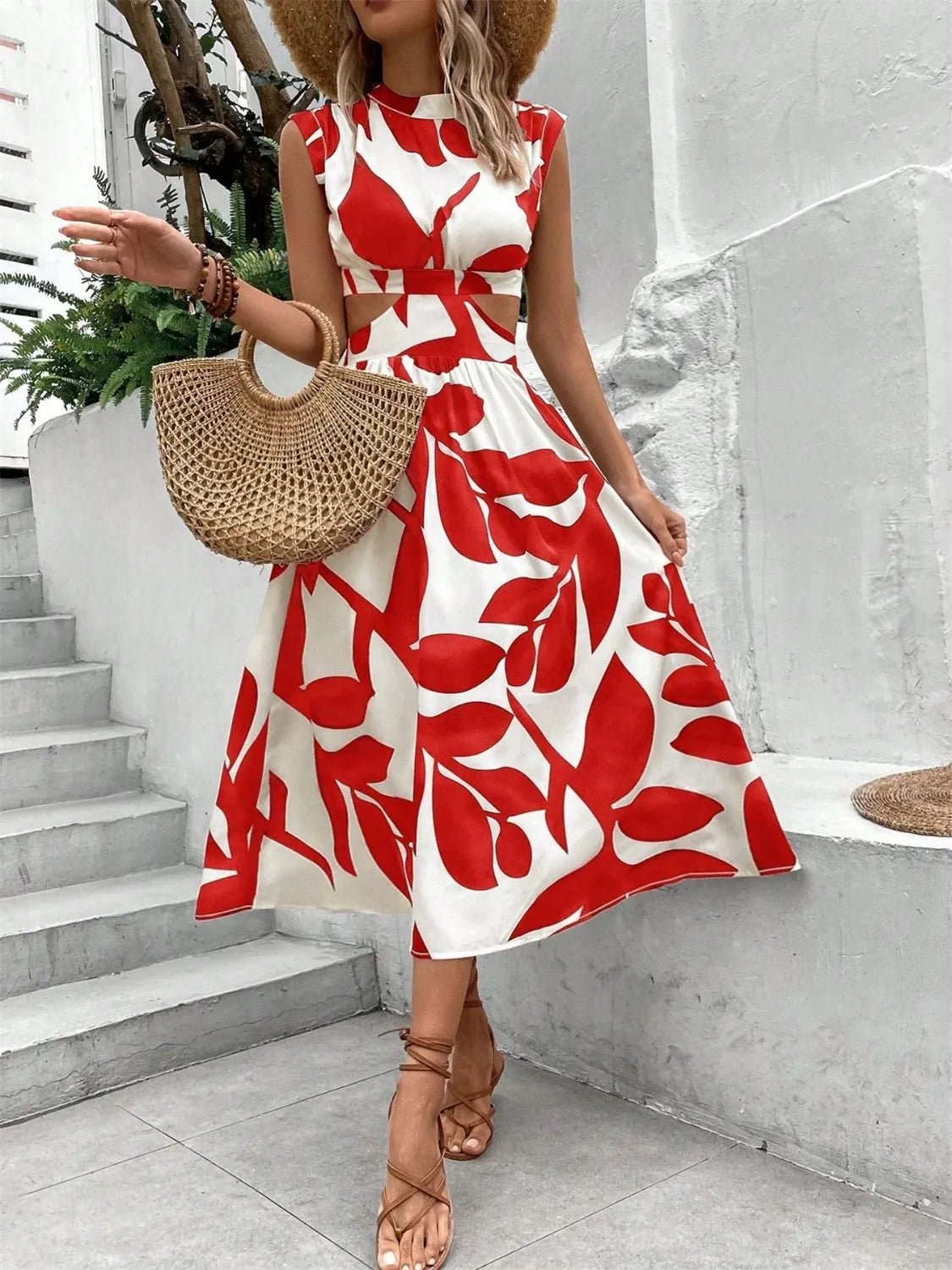 Cutout Printed Cap Sleeve Midi Dress - adritiX