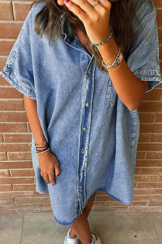 Oversized Button Down Denim Shirt Dress - adritiX