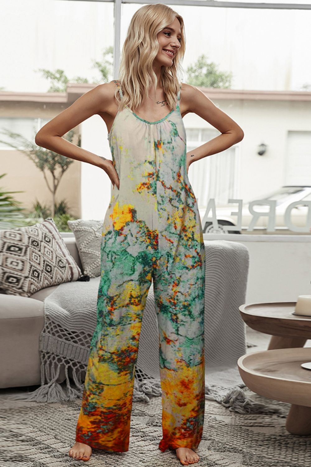 Elegant Shiny Tie-Dye Spaghetti Strap Jumpsuit with Pockets - adritiX