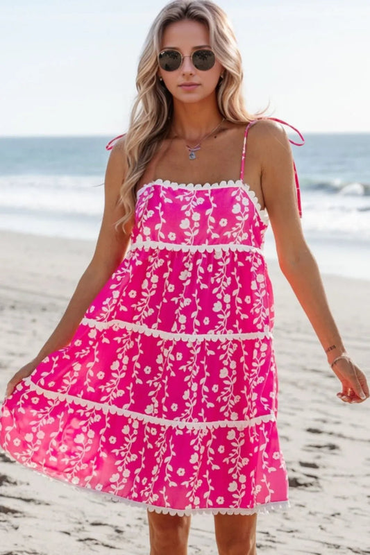 Floral Print Ric Rac Patched Sleeveless Mini Dress - adritiX