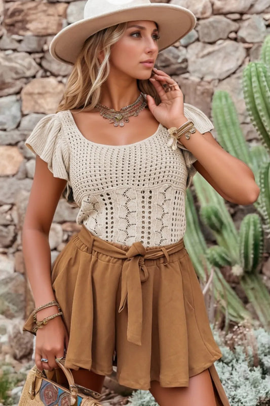 Openwork Ruffled Scoop Neck Knit Top - adritiX