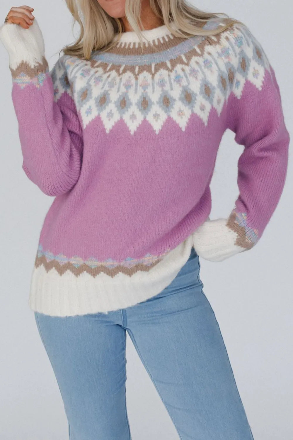 Elegant Geometric Round Neck Long Sleeve Sweater - adritiX