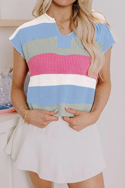 Color Block Notched Cap Sleeve Knit Top - adritiX