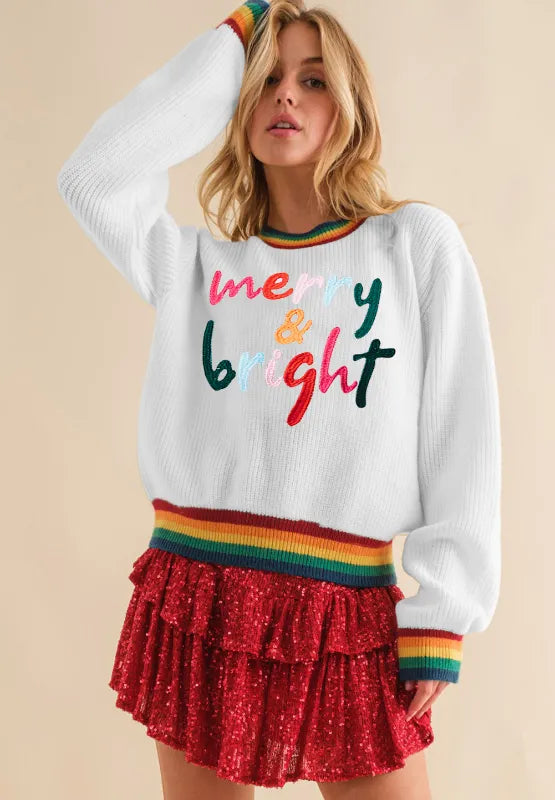 Elegant MERRY & BRIGHT Ribbed Round Neck Sweater - adritiX