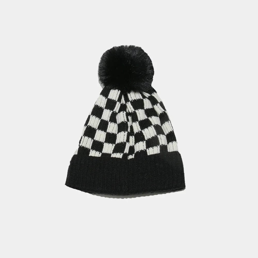 Checkered Knit Hat with Pompom - adritiX