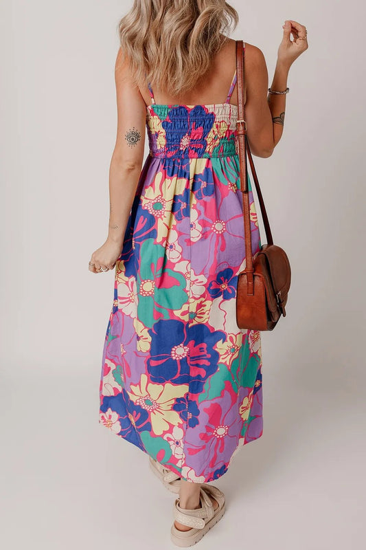 Floral Print Shirred Spaghetti Strap Loose Maxi Dress - adritiX