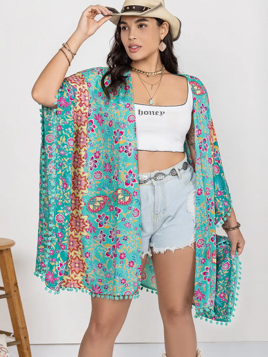 Plus Size Printed Open Front Cover-Up - adritiX
