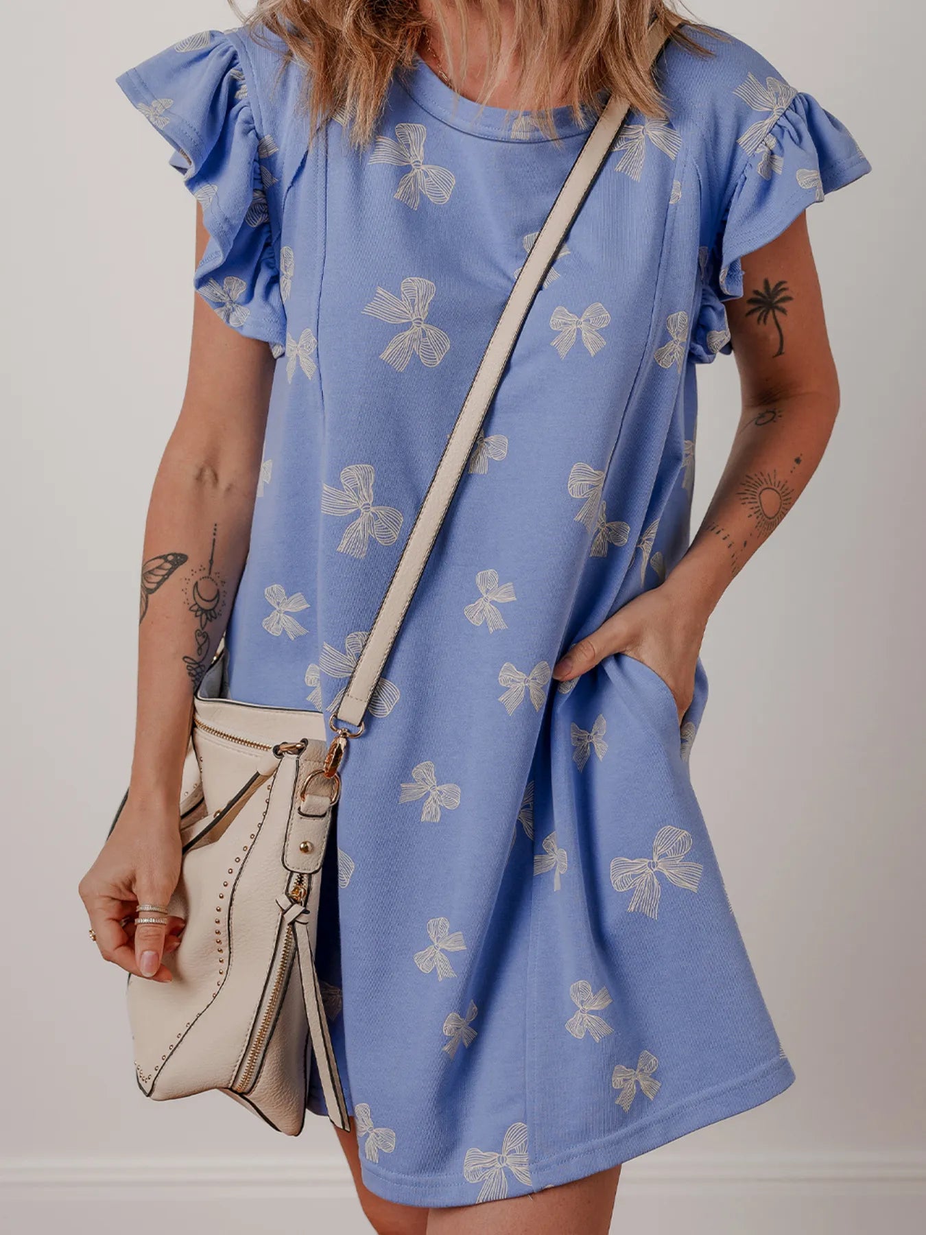 Bow Knot Print Crewneck Ruffled Sleeve Shift Mini Dress - adritiX