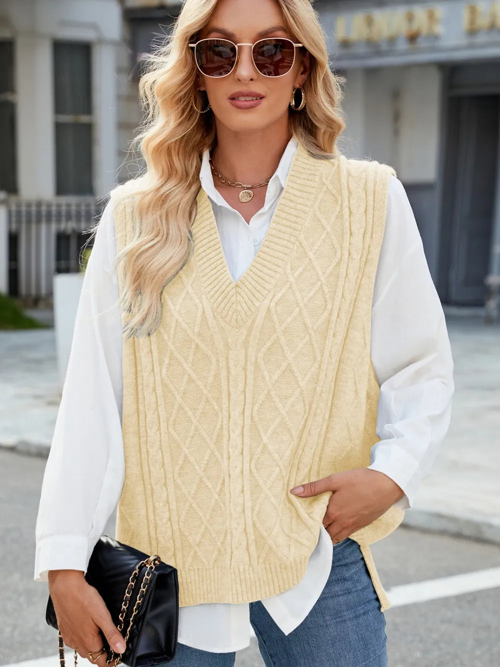 Cable Knit V-Neck Sweater Vest - adritiX