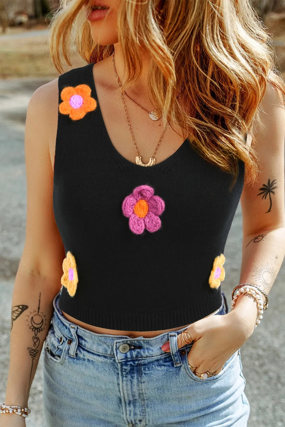 Flower Scoop Neck Knit Vest - adritiX