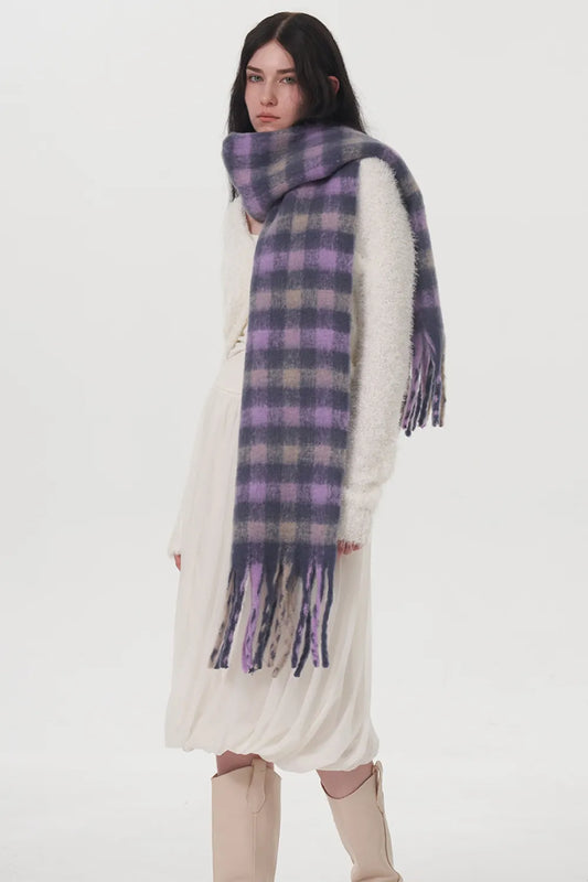 Fringe Plaid Polyester Scarf - adritiX