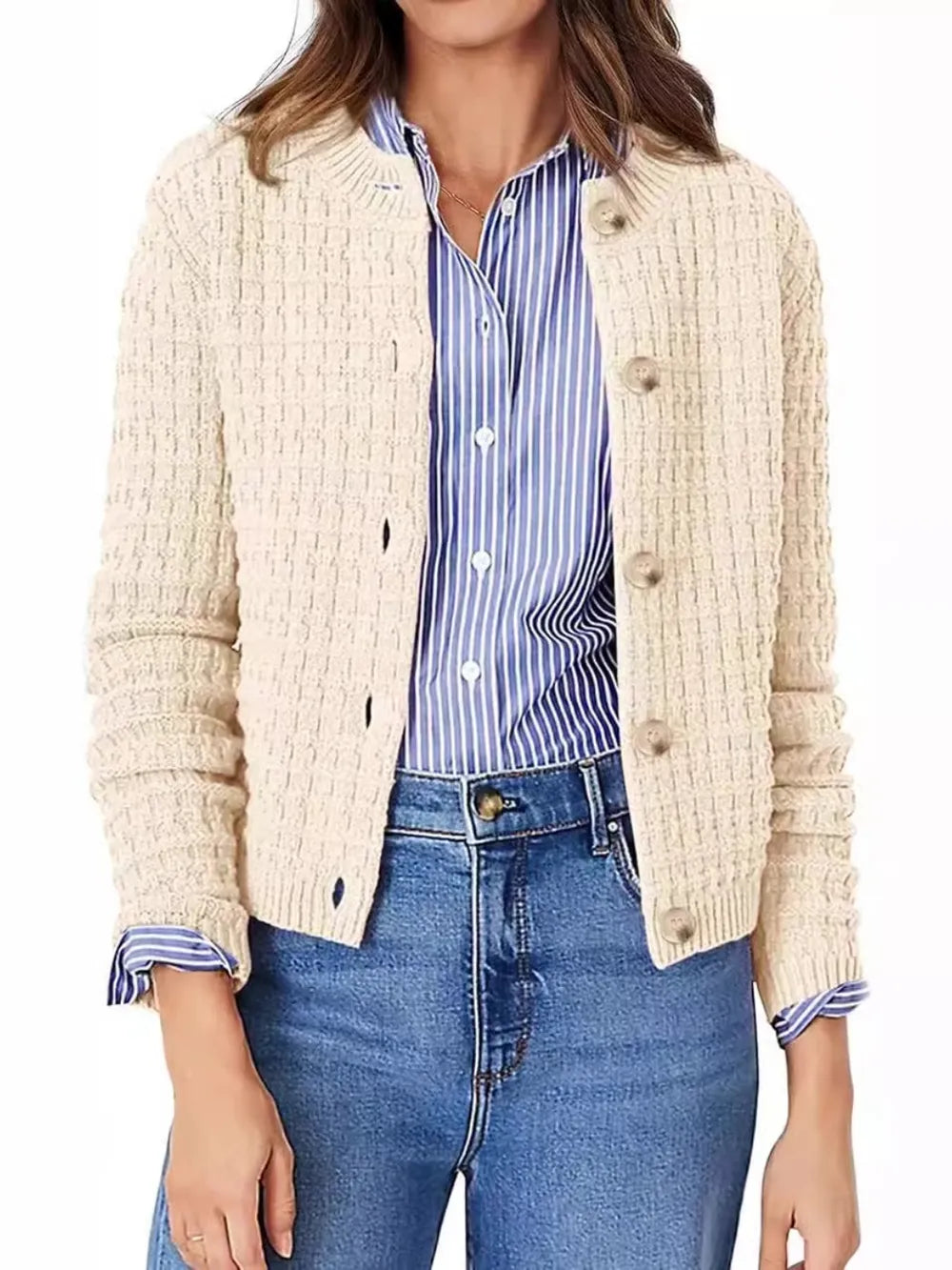 Button Up Round Neck Long Sleeve Cardigan - adritiX